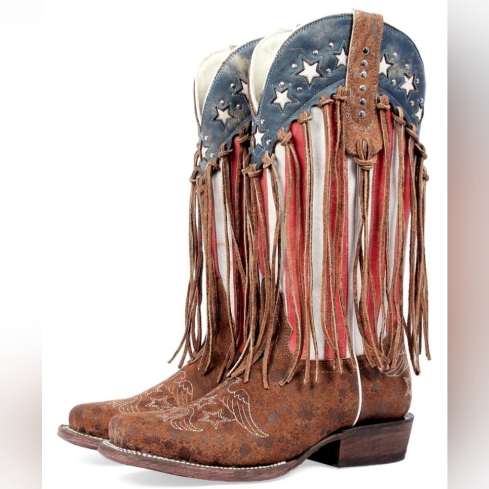 J.B. Dillon Brown Leather  Western Fringe Boots with Red, White & Blue Accents